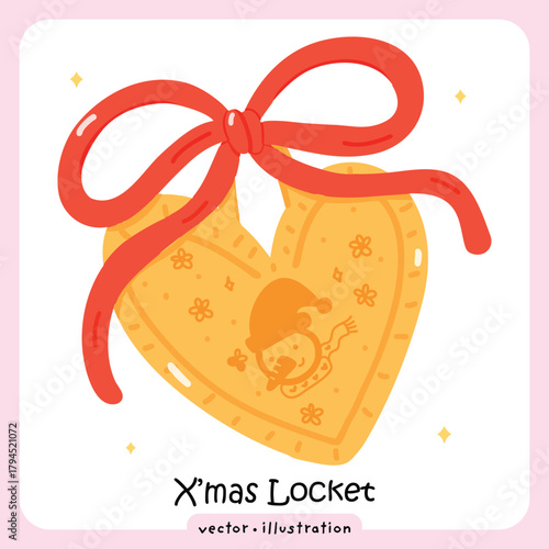 Cute Cartoon Heart Locket with Red Ribbon and Merry Xmas Inscription - Vector illustration