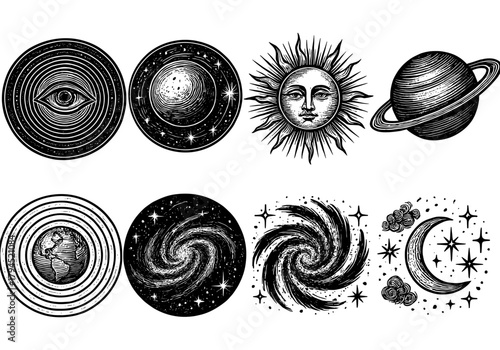 Mystical celestial symbols with cosmic sun, moon, and planets in vintage design