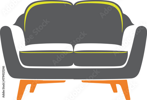 Grey two-seater sofa vector illustration featuring yellow piping and orange legs isolated on transparent background