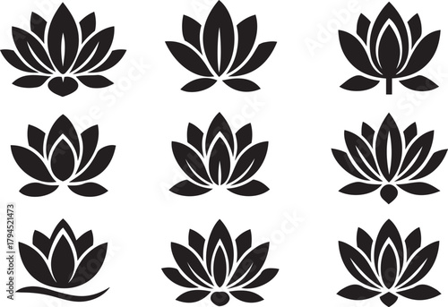 Set of lotus flowers vector icons. Flower leaf for relax, calm and harmony symbol. Black bold icons.
