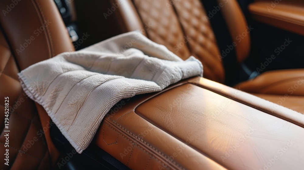 Obraz premium A close-up of a beige cloth resting on a brown leather car armrest. The interior features a modern design with quilted patterns.