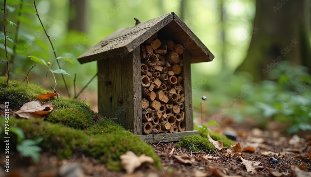 Naklejka premium Wooden insect hotel stands in green forest ground with moss. Provides shelter for bugs, promoting biodiversity, natural habitat for insects. Eco friendly nature conservation project helps wildlife