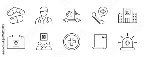 Medical icon set. Containing doctor, medicine, hospital, treatment, healthcare, nurse, pills, clinic and more. Solid vector icons collection