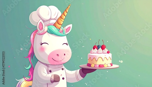 Cartoon unicorn chef with a cake, in a chef's hat and uniform, set against a soft gradient background