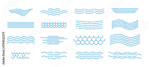 Waves and water set of simple linear illustrations. Water surface icon, wavy, calm, in motion, scalloped. Vector elements, clip art