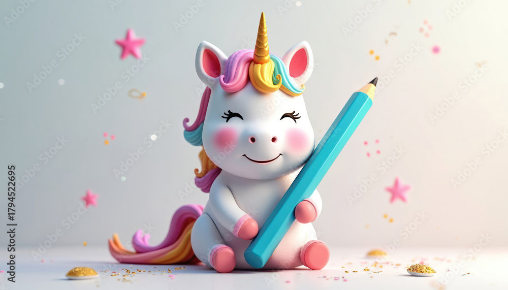 Fototapeta premium Cute smiling unicorn character holds blue pencil. White fantasy animal with rainbow mane, golden horn. Happy toy sits on light background with scattered stars, glitter. Charming creature inspires