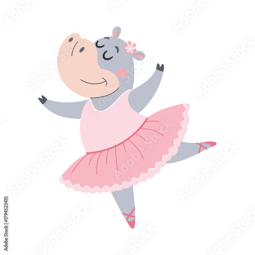 A cute animal is doing ballet. A cute hippopotamus dances ballet in a pink tutu skirt.