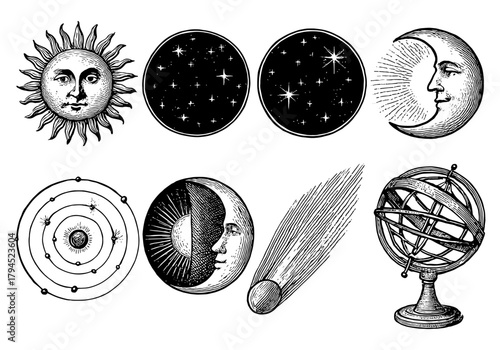 Vintage celestial bodies and astronomy elements: sun, moon, stars, planets, and armillary sphere