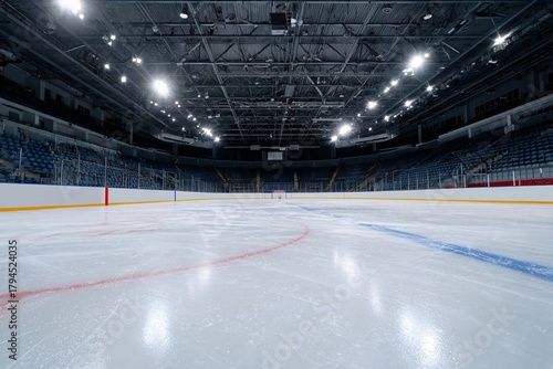 Empty professional ice rink ready for hockey games in modern arena
