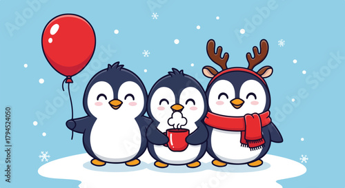 Three cute penguins celebrating with a balloon isolated on transparent background