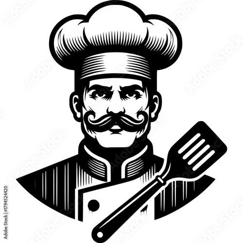 Culinary Craftsman: A detailed illustration of a chef, showcasing their expertise and pride in the art of cooking, featuring a classic toque and spatula. 