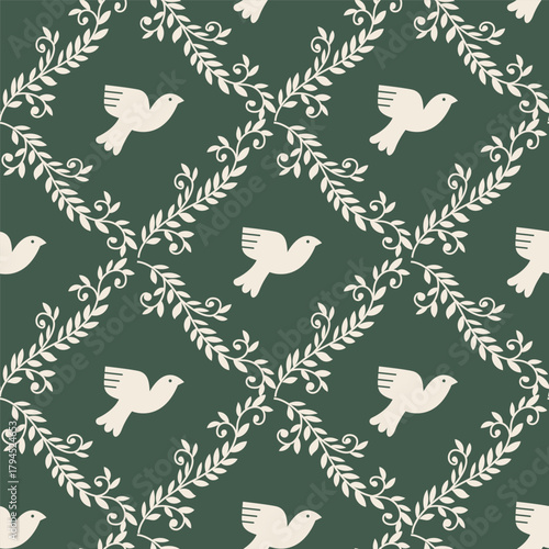 Flying Doves Botanical Seamless Pattern