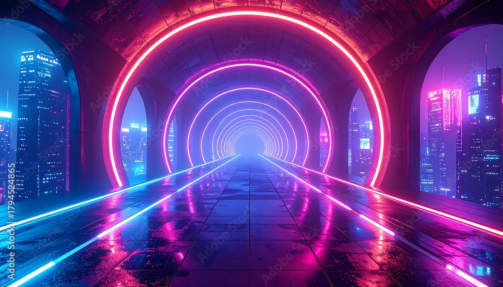 Fototapeta premium Neon circles stretch into the distance through an arched corridor with a blurred cityscape visible outside