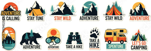 Illustration of set of adventure and camping icons with mountains, tents, bear, binoculars, and motivational quotes, perfect for outdoor enthusiasts and travelthemed designs