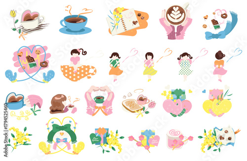 Pastel Valentine Coffee Girls and Heart Gift Illustration Set