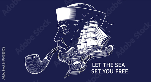 Illustration of a captivating illustration of a sailor with a pipe, his silhouette filled with a majestic ship sailing on the waves, embodying the liberating spirit of the sea