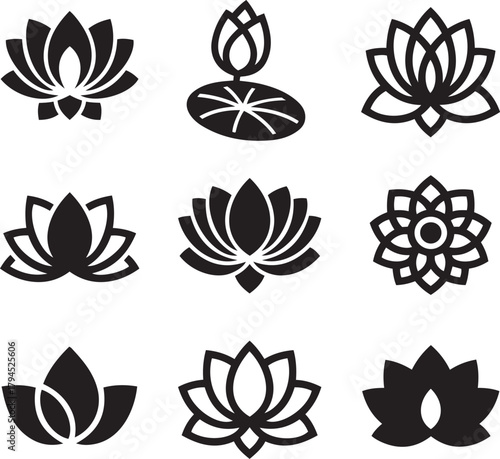 Set of lotus flowers vector icons. Flower leaf for relax, calm and harmony symbol. Black bold icons.