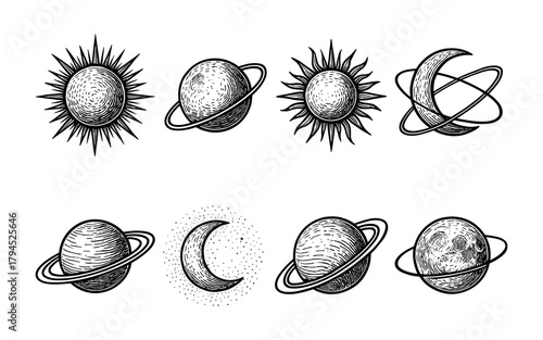 Hand drawn celestial bodies with sun and moon in vintage style
