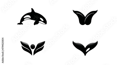 Set of Black and White Vector Illustrations Featuring an Orca and Stylized Whale Tails. Marine Animal Graphic Design Elements.
