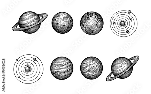 Engraved celestial bodies set: detailed planet illustrations in monochrome