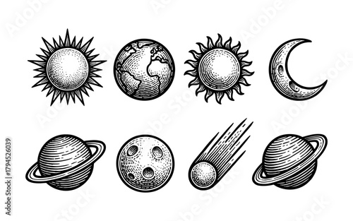 Vintage celestial bodies: sun, moon, earth, planets, and comet in detailed black and white engraving