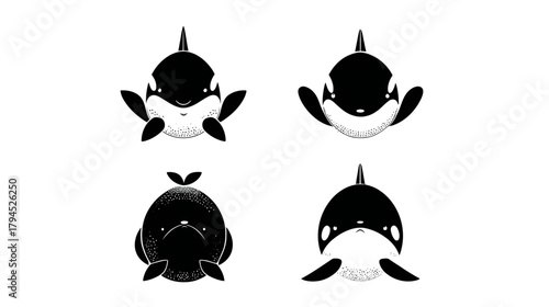 Adorable baby killer whale illustrations set. Cute black and white cartoon orca characters, marine animal vector art on white background.