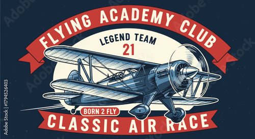 Illustration of vintage biplane soars through the sky, a symbol of classic air races and flying academy clubs, evoking a sense of adventure and nostalgia for aviation enthusiasts