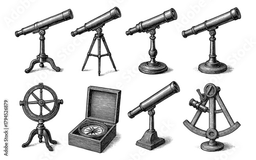 Vintage telescopes and compass set in detailed engraving style