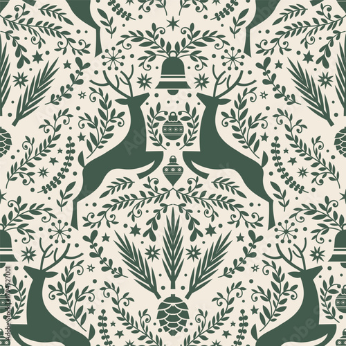 Light Festive Reindeer Botanical Pattern