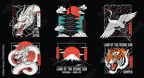 Illustration of a collection of japaneseinspired designs featuring a dragon, pagoda, crane, mount fuji, and tiger, each emblem showcasing traditional japanese elements and motifs