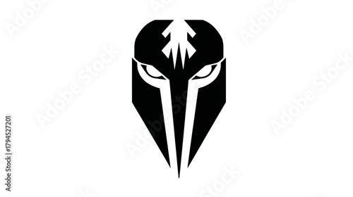 Abstract black and white stylized warrior mask icon, powerful tribal helmet design, strong mythological emblem, graphic resource