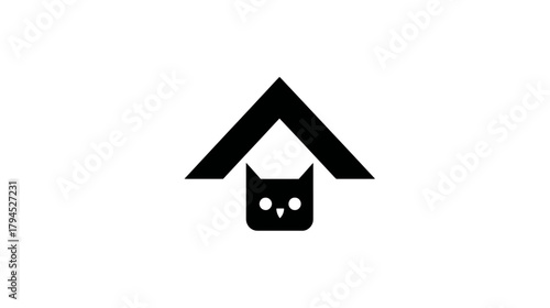 Minimalist black cat head and roof icon. Simple graphic design vector illustration for pet home, animal shelter, or domestic care.