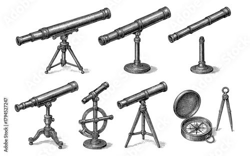 Antique telescopes and instruments engraving collection with tripods and compass