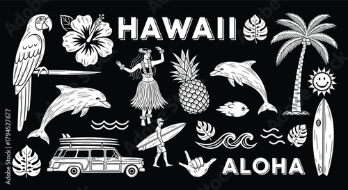 Illustration of hawaii themed design with parrot, hibiscus, hula dancer, pineapple, dolphin, palm tree, sun, surfboard, car, surfer, monstera leaf, wave and aloha text