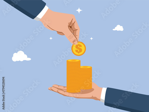 Hand putting golden coins in other hand. Concept of investments, savings, donation, paying. Hand drawn vector illustration isolated on light background, modern flat cartoon style.