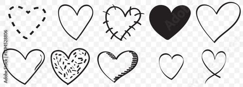 Outline doodle hearts set for valentine's day or wedding design vector illustration. Hand Drawn Heart Collection Romantic Heart Illustrations for Cards Designs On Transparent Background. EPS 10.