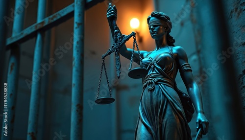 Blindfolded Lady Justice statue holds scales before rusty prison bars in dark. Legal system, crime, trial, punishment, confinement, judgment. Scene evokes concepts of fairness, human rights, law,