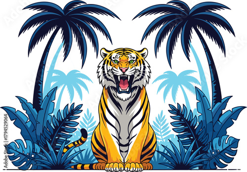Illustration of a majestic tiger sits amidst lush palm trees and vibrant foliage, its fierce gaze and powerful presence captured in a stunning illustration