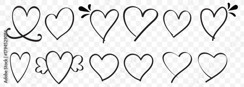 Outline doodle hearts set for valentine's day or wedding design vector illustration. Hand Drawn Heart Collection Romantic Heart Illustrations for Cards Designs On Transparent Background. EPS 10.
