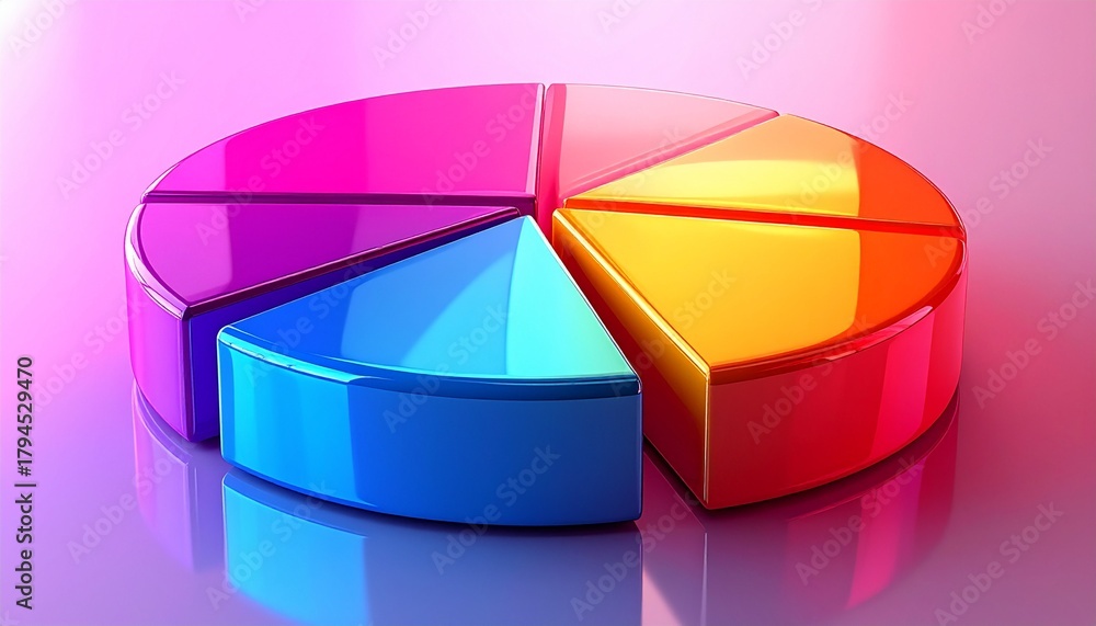 Obraz premium 3D pie chart in vibrant colors with glossy reflection, soft shadows modern business analytics and finance concept