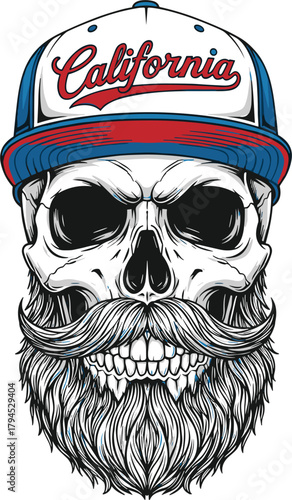 Illustration of skull with a beard and a cap a unique and edgy design featuring a skull wearing a stylish cap and sporting a wellgroomed beard perfect for adding a touch of rebellious charm to your pr