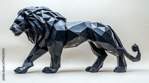 Geometric lion sculpture on white background