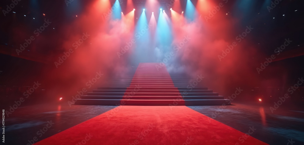 Naklejka premium Red carpet stairs lead up into dramatic red and blue stage lights and mist. Empty venue awaits guests for a special night event. Celebration or award show begins.