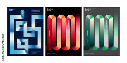 abstract gradient graphic poster set with geometric shapes and smooth color transitions in blue red green creating modern minimal visual design for contemporary artwork layout background cover banner