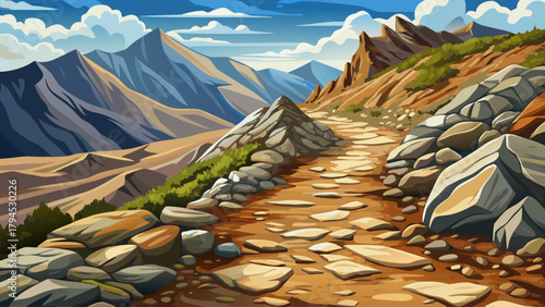 Detailed high-resolution close-up of a rough and uneven mountain trail, showcasing natural stones, gravel, and rugged earth textures under outdoor daylight