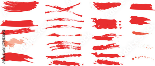 Great creative grunge box - paint texture, brushstrokes with spray splashes, highlighters, underline Collection of red brush strokes and marks on white background variety of red brush strokes, smudges
