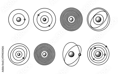 Atom model diagrams set in linear style with orbitals and electrons