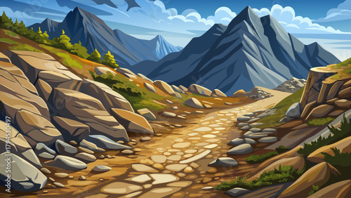 Detailed high-resolution close-up of a rough and uneven mountain trail, showcasing natural stones, gravel, and rugged earth textures under outdoor daylight