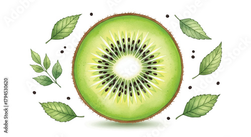 Watercolor Kiwi Fruit Slice with Seeds Leaves and Botanical Elements 