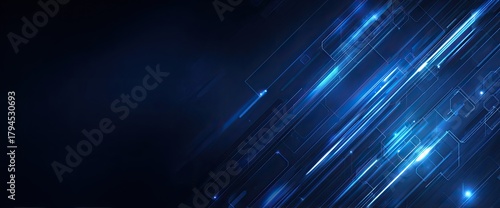 An abstract, dark blue digital background with glowing, angled lines and subtle geometric shapes